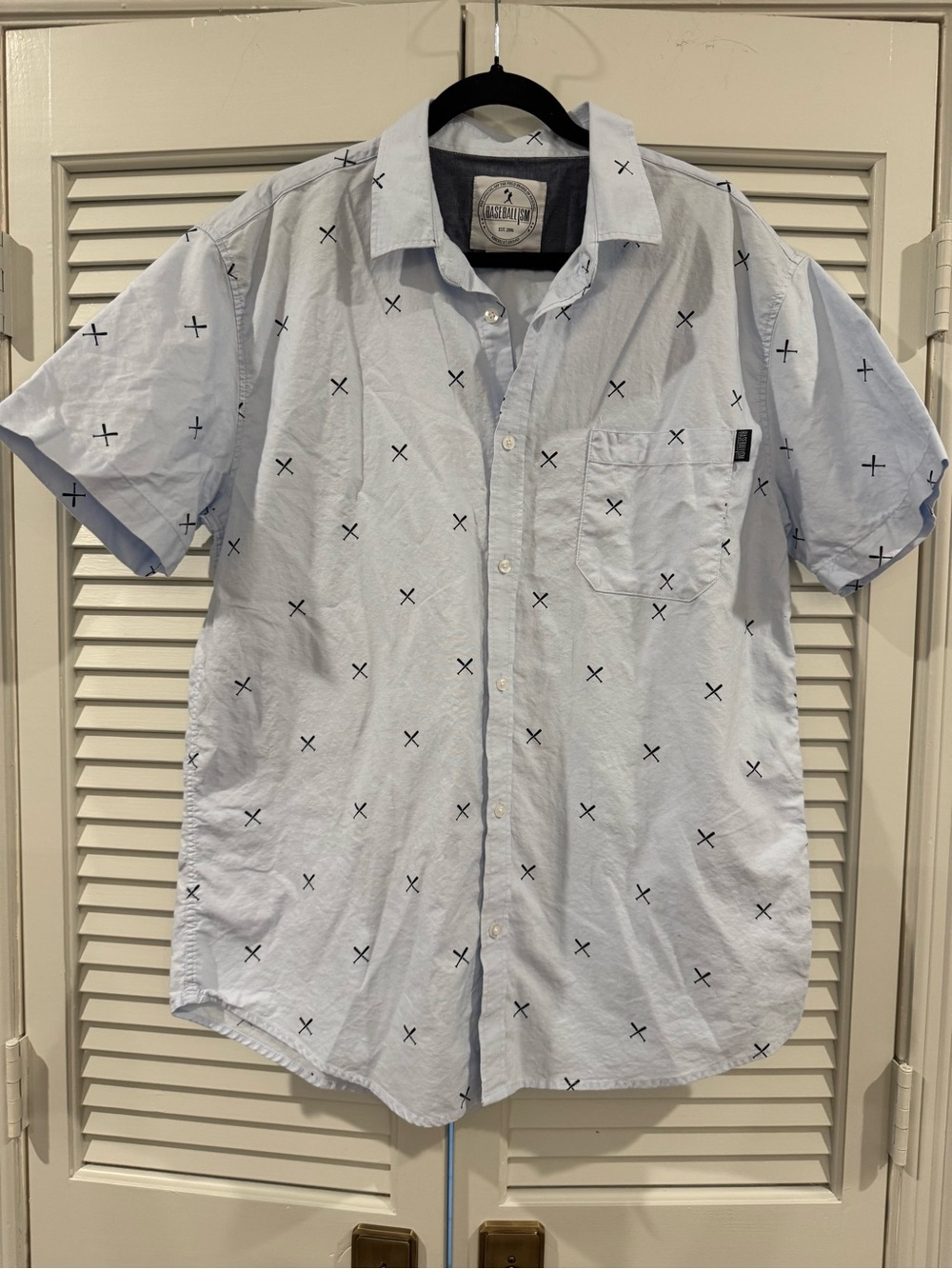 Baseballism Light Blue Short-Sleeve Button-Down Shirt with Navy Baseball Print